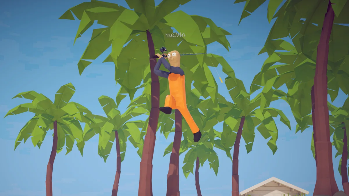 How to Fish player climbing a palm tree on a tropical island